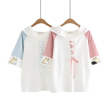 

Japanese Short Sleeve Women Hooded T Shirt Summer Corgi Print Cartoon Short-sleeved Student Girl T Shirts Harajuku T-shirts