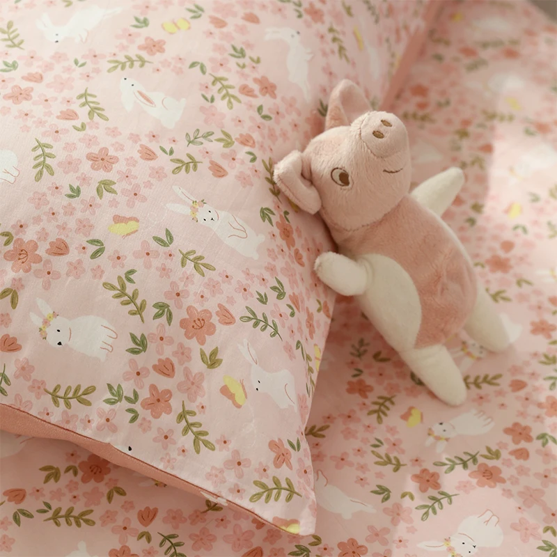 

Korean Pink Rabbit Flower 100% Cotton Bedding Set Duvet Cover Set Nordic Bed Cover Linen Quilt Set Twin Size Bedding