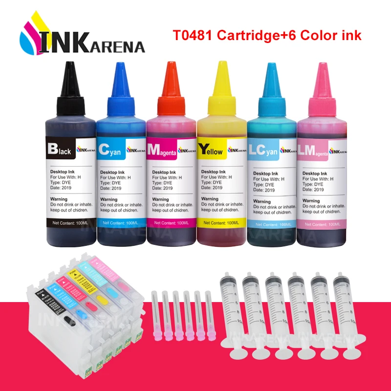 

INKARENA 6×100ml Bottle Dye Ink + T0481 Refillable Printer Ink For Epson Stylus Photo R200 R220 R300 R300M R320 R340 RX500 RX600