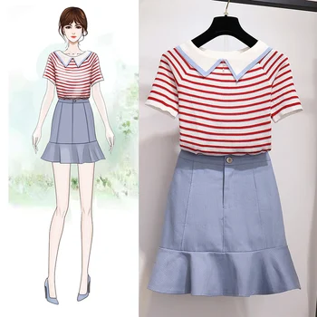 

2020 Summer Striped Colorful Knitted Short Sleeve Top Fishtail Mini Bodycon Skirt Two Piece Cute Suit Dress