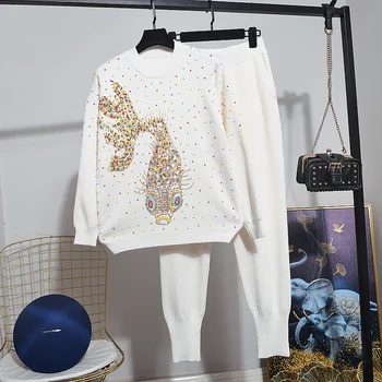 

Fashion Beading Cartoon Embroidery Tracksuit Women Knitted Set White Sweater Long Pants Two Piece Set Loose Knit Outfits Female