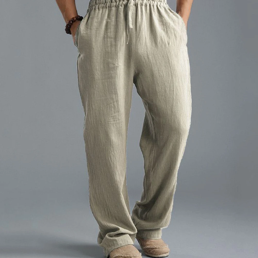 Casual Harem Men pants Male Solid Elastic Waist Straight Loose Pants Washed cotton breathable casual sports trousers linen Pants
