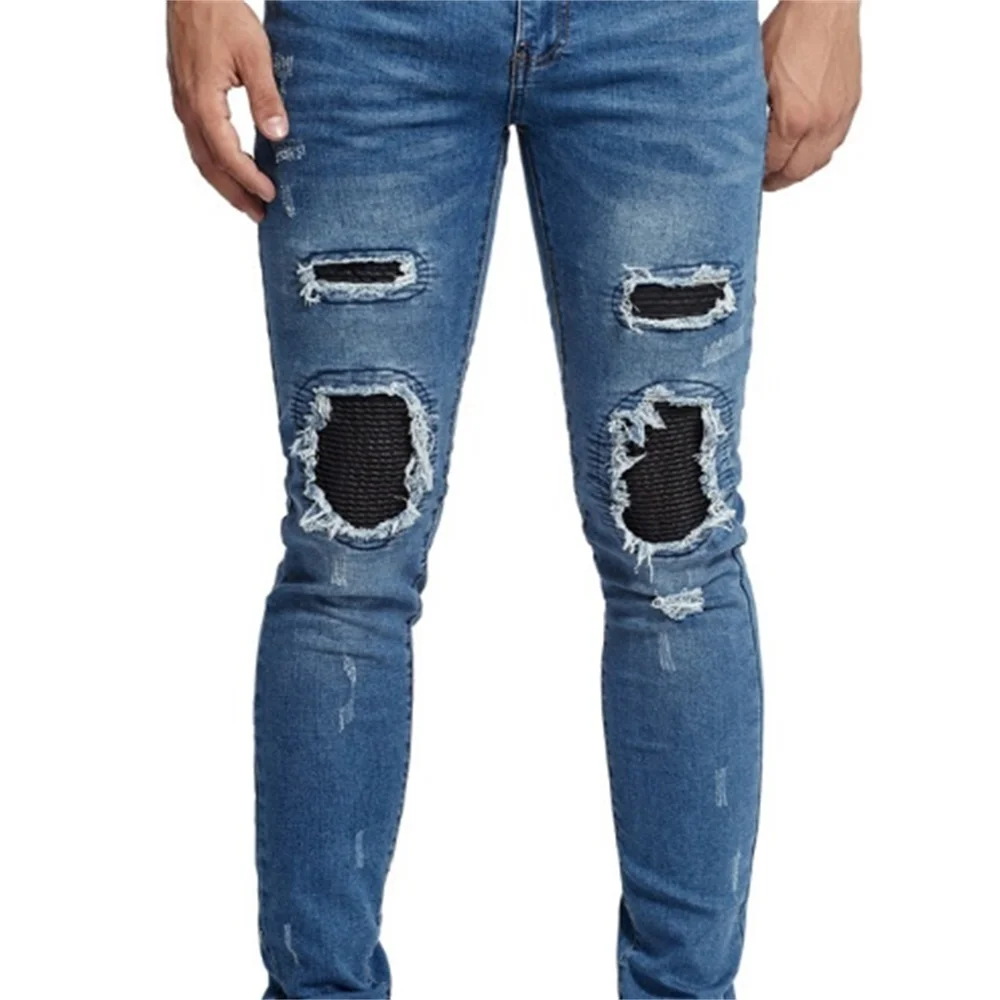 EH·MD® Ligament High Stretch Jeans Men's Tight-fitting Washed Holes Blue Feet Pure Cotton Black Pleated Decoration Cat Whisks