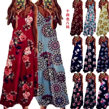 

2020 Women Casual Loose Strap Dress Beach Summer Sexy Boho Bow Camis Befree Maxi Dress Plus Sizes Big Large Dresses Robe Femme