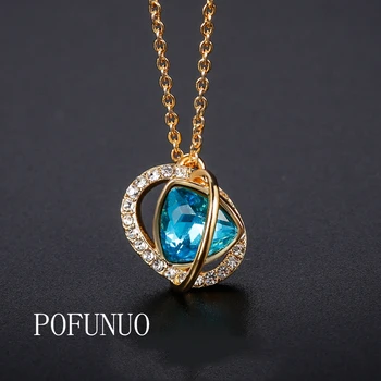 

POFUNUO Luxury Crystal Pendant Necklace classic Elegant blue Zircon Choker for Women Jewelry Brand Designer New free shipping