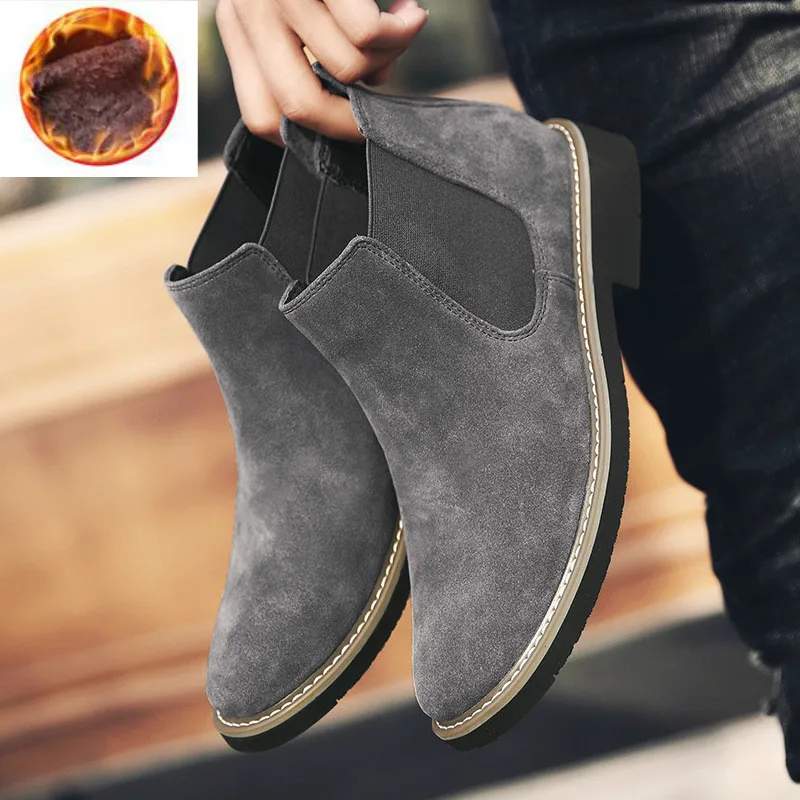 Gray Plush Fur Ботинки «Челси» из натуральной кожи; роскошные мужские замшевые ботильоны; Ботинки martin с высоким берцем; модные мужские ботинки с Плюшевым Мехом; зимние ботинки - Цвет: Gray Plush Fur