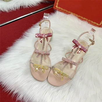 

Women's Crystal Butterfly-knot Gladiator Sandals Med Heel Rubber Sole Fashion Shoes 2020 Summer Party Women Desiger Luxury Brand