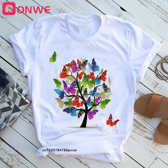Woman Butterfly Tree Print Harajuku Summer Tshirts Casual Round Neck Short Slee Top Tee Shirt,Drop Ship P8017C