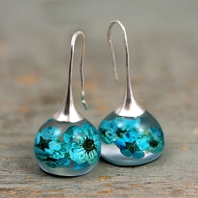 

Vintage Ethnic Flowers In Resin Spheres Cherry Earrings Real Blossom Silver Dangle Earrings for Women Fashion Jewelry