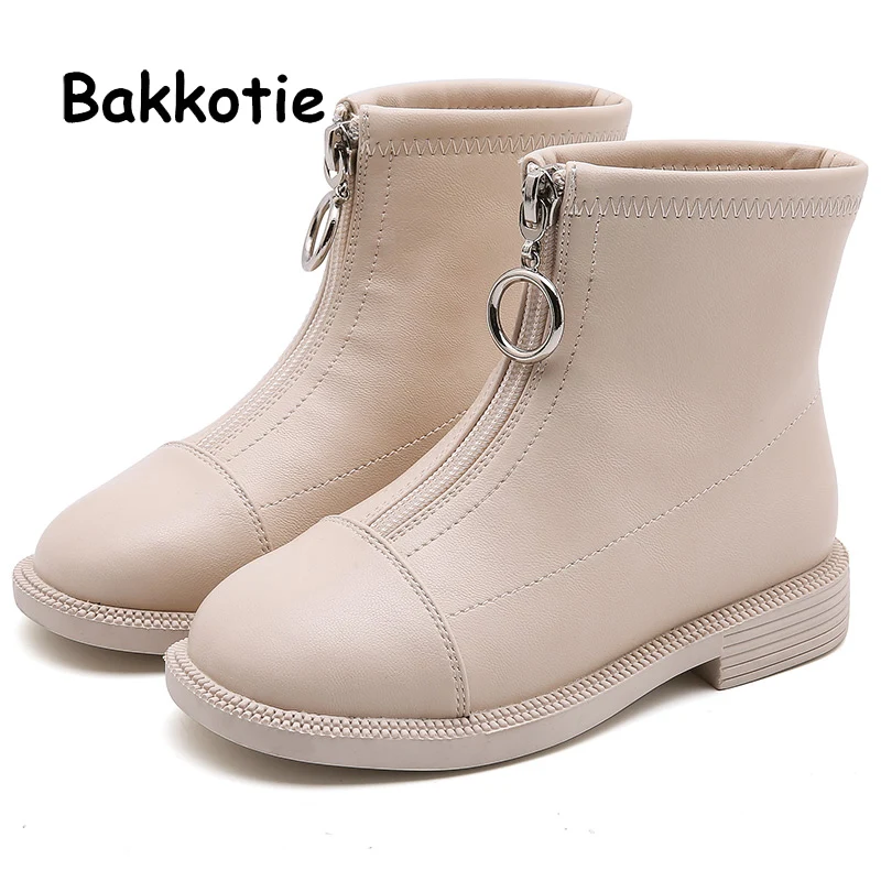 Bakkotie/ г. Зимние короткие Ботинки martin для маленьких девочек Новая модная детская нескользящая обувь на меху детские черные мягкие теплые ботильоны на молнии