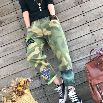 

Cargo Pants Women Jeans Korean Camouflage Print Letter Patchwork Elastic Waist Denim Pants Loose Casual Pockets Jeans Woman