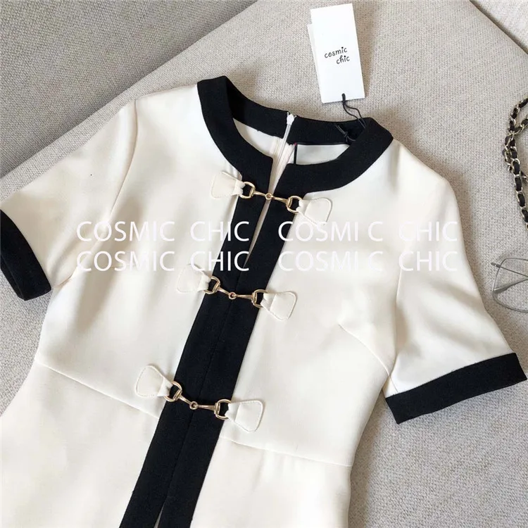 Cosmicchic, высокое качество, модное, элегантное, круглый вырез, черный, белый цвет, контрастная строчка, короткий рукав, платье для офиса