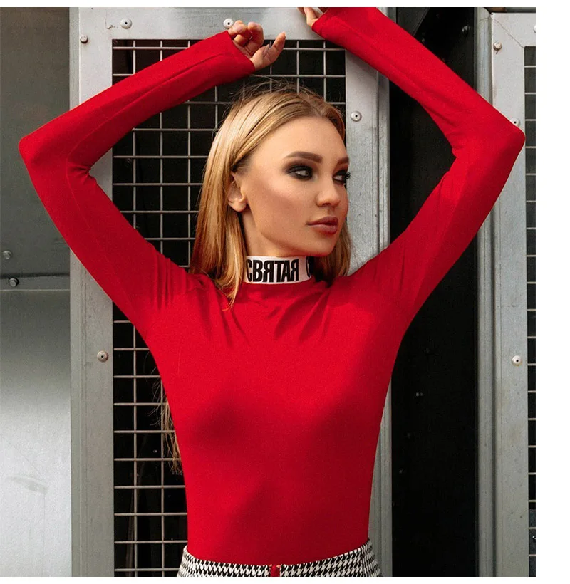 2020 Turtleneck Long Sleeve Bodysuits Women Casual Letter Printed Mock Neck Spring Autumn Skinny Tops Playsuits Moda Feminina