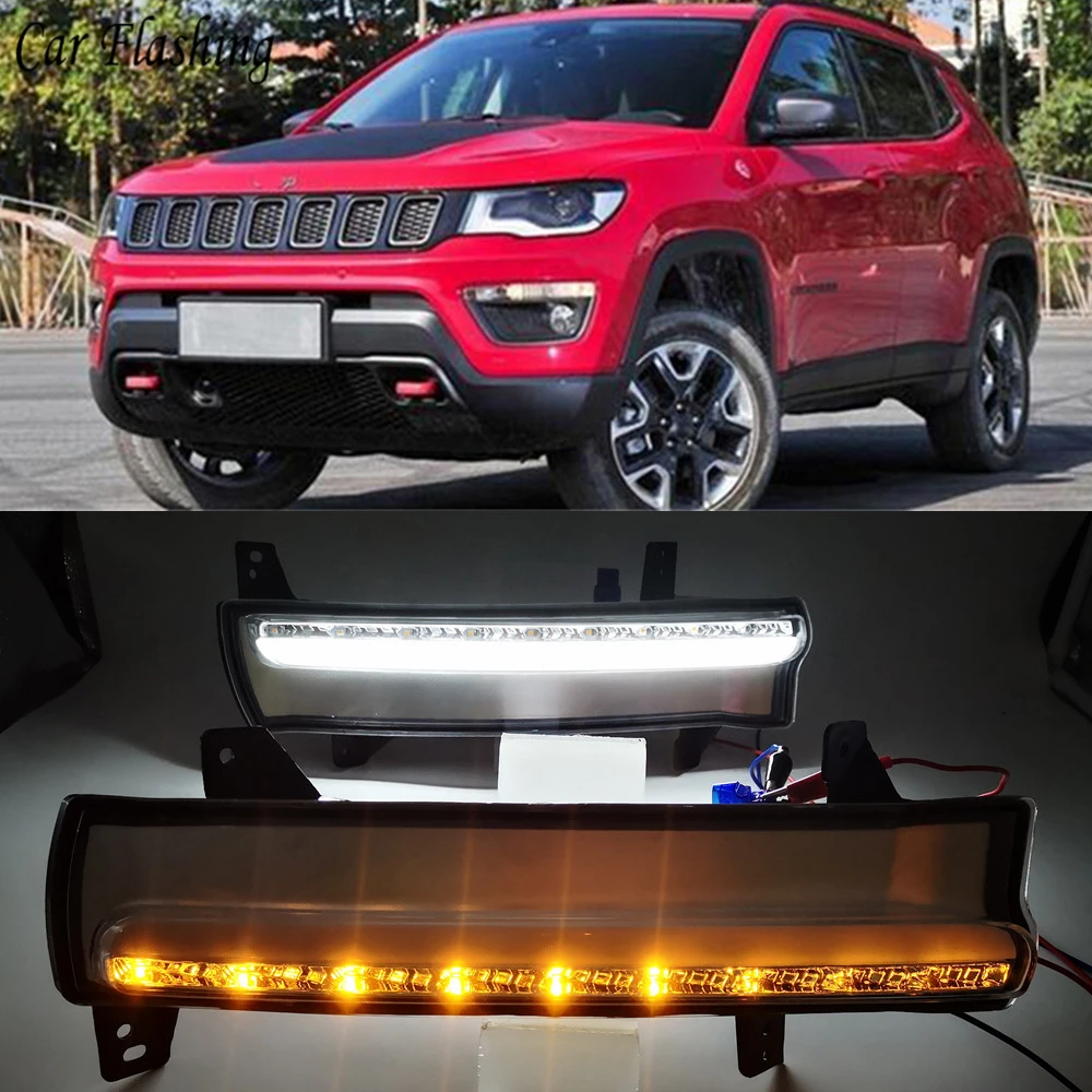 

2PCS Daytime running light For Jeep Compass 2017 2018 2019 dynamic yellow turn Signal Light style Relay 12V LED car DRL fog lamp