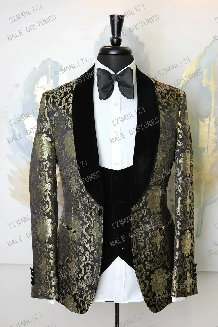 

2020 Gold Flower Blazer Men suits Black Velvet Lapel Groom Prom Party 3 Piece Wedding Suit Costume Marriage Homme Male Tuxedo