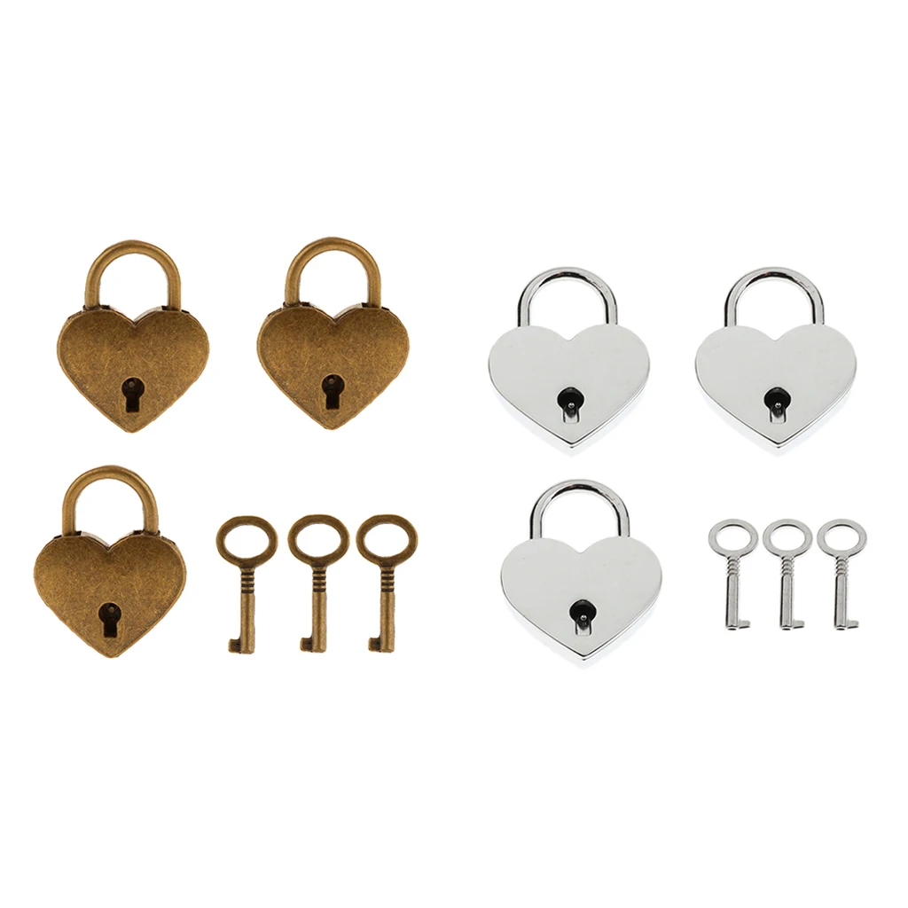 6x Mini Heart Shape Padlock With 6 Keys Suitcase Lock Silver&Antique Brass M
