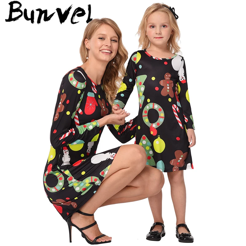 

bunvel christmas Mother Daughter Dresses long sleeve snow men printing family matching clothes baby dress mommy and me clothes 5