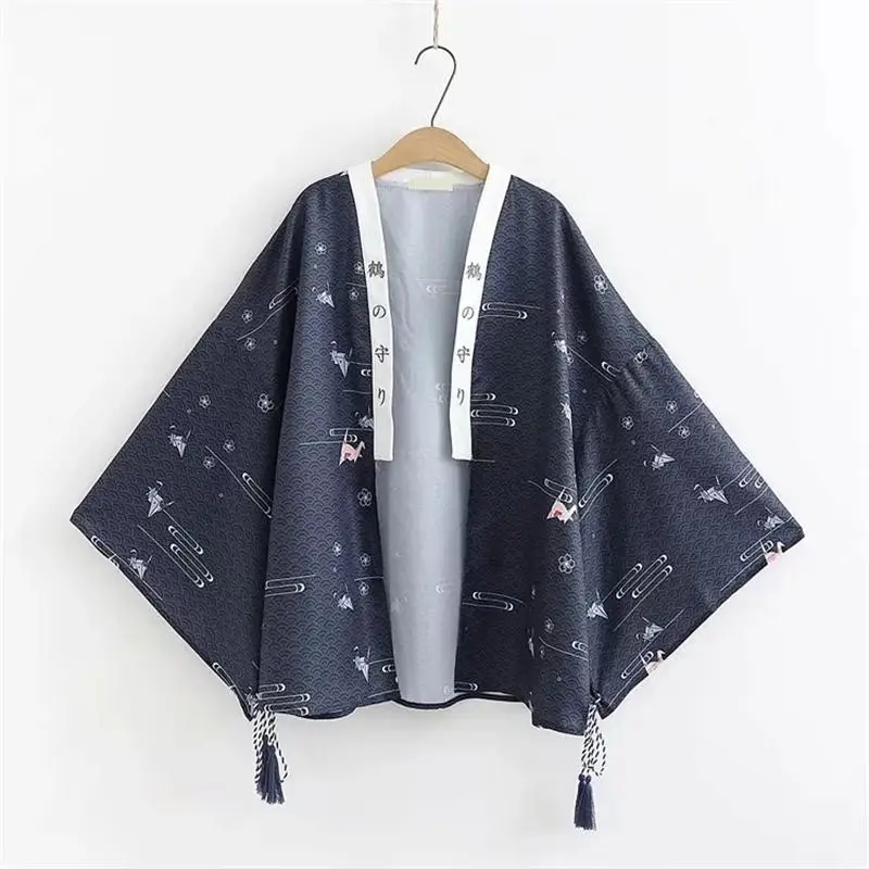 Милая девушка Haori аниме классический Гейша Косплей костюмы лето солнцезащитный крем уличная японское кимоно юката блузка Blouse - Цвет: Navy Blue Coat