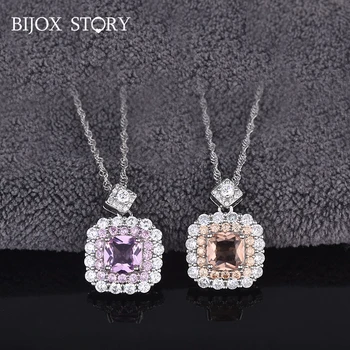 

BIJOX STORY Classic Charm Necklace 925 Sterling Silver Jewelry with Square Shape Zircon Pendant for Female Wedding Anniversary