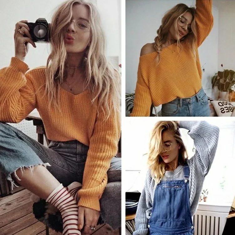 Heflashor off shoulder pullover womens sweater knitted sweater women long sleeve loose jumpers oversized sweater pull femme