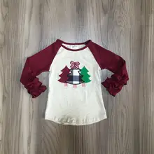 Для маленьких девочек модный топ футболки вина Рождественский с деревом одежда для защиты от обледенения с длинными рукавами хлопковая детская одежда с рисунком на тему бордового цвета с оборками