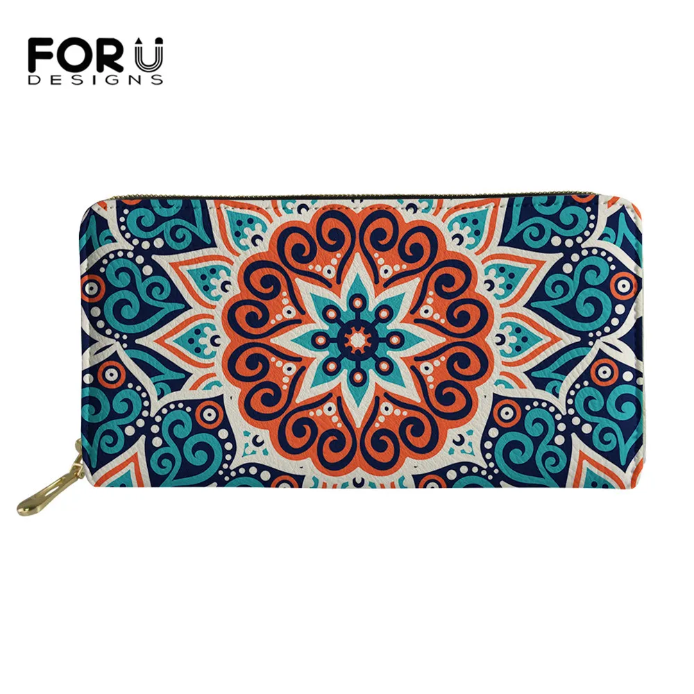 

FORUDESIGNS Blue Mandala 3D Printing Long Leather Purse for Female Card Holder Clutch Bags With Zipper Carteira Female Wallets