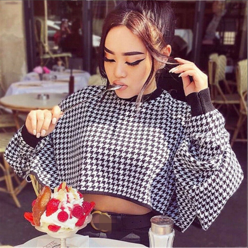 Promo  Autumn Women Warm Houndstooth Print Pullovers Hoodie Hip-hop Batwing Long Sleeve O neck Sweatshirt 