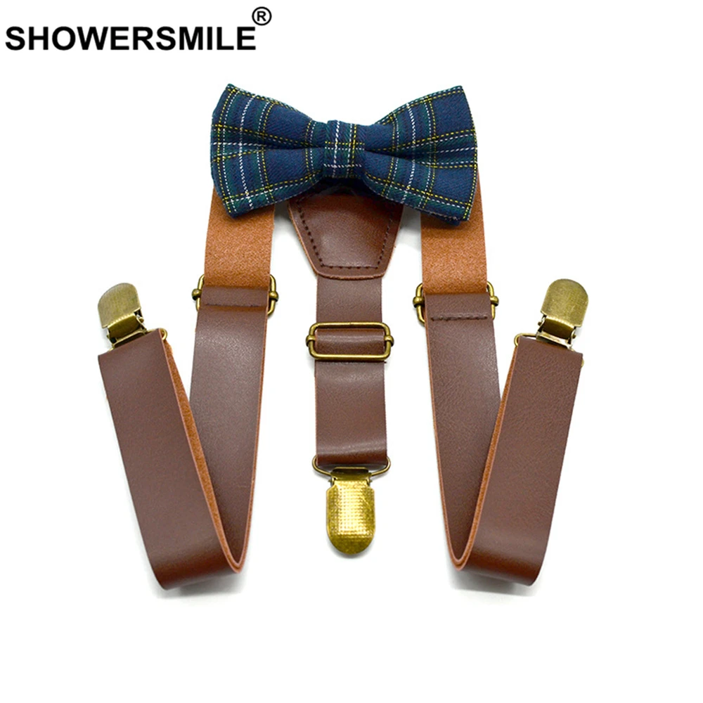 SHOWERSMILE Детские подтяжки с галстуком бабочкой кожаные в британском стиле для