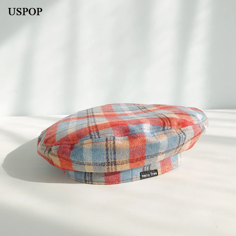 USPOP New plaid berets fashion women wool beret casual autumn winter wool hat vintage painter hat