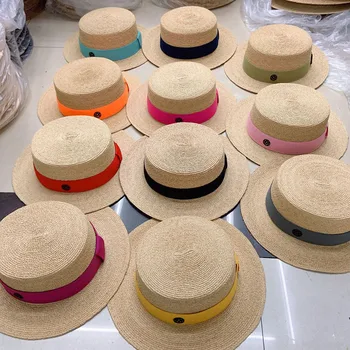 Sombrero de Sol de ala ancha para mujer, gorra de canotier, sombrero de paja tipo vintage, canotier, banda de cinta clásica, sombrero de rafia, Derby, sombrero de playa
