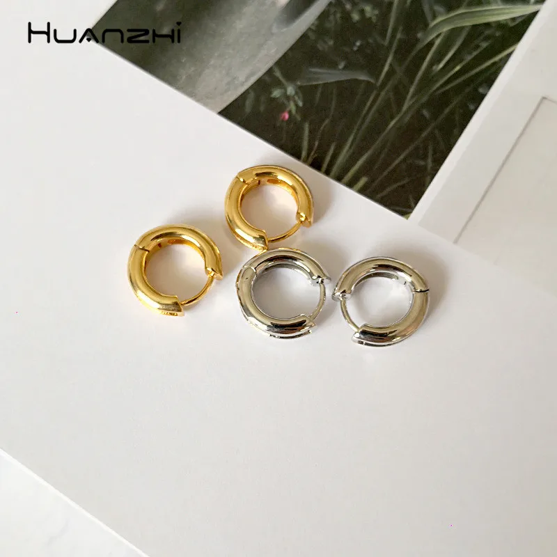 HUANZHI Minimalist Geometric Round Classic Silver Gold Metal Plated Design Hoop Earrings For Women Girls Wedding Jewelry