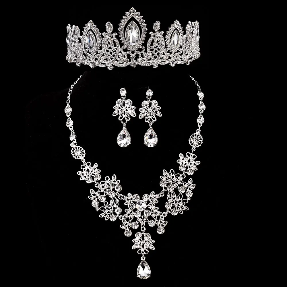 3PCS Set Silver KMVEXO, 3 шт., роскошные свадебные ювелирные наборы в виде капель с кристаллами, свадебные диадемы, серьги, ожерелье, набор, Африканский бисер, ювелирный набор - Окраска металла: 3PCS Set Silver