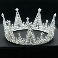 Мода серебро полный круг свадебная диадема стразы роскошные девушка головной убор Королева Корона ручной работы жемчуг диадема JC008