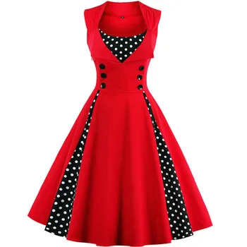 

50s 60s Vintage Retro Women Dress Sleeveless Polka Dot Party Vestido Elegant Patchwork Red A Line Dress Casual Big Plus Size 4XL