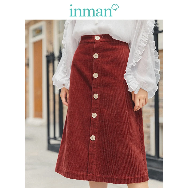 

INMAN 2019 Autumn New Arrival Young Literary Style Lyocell Cotton Corduroy Solid Minimalism Retro Women Skirt
