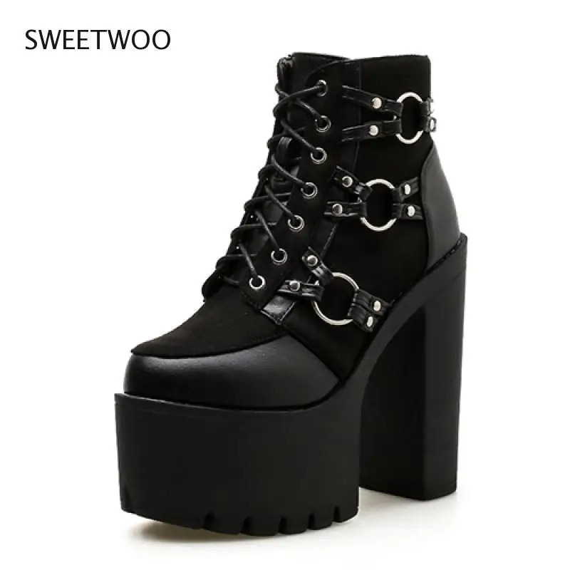 2021 Spring Fashion Motorcycle Boots Women Platform Heels Casual Shoes Lacing Round Toe Shoes Ladies Autumn Boots Black