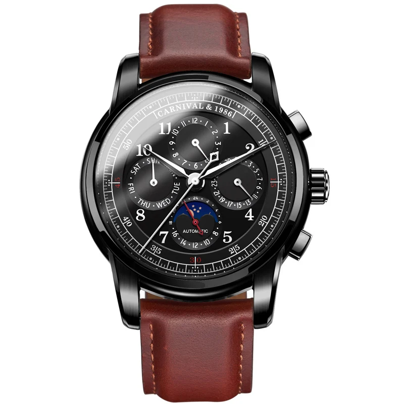 Многофункциональные автоматические часы мужские кожаный ремешок механические часы для деловых людей карнавальные мужские часы наручные часы Erkek Kol Saati - Цвет: Brown black