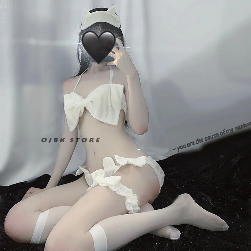 white Сексуальный комплект нижнего белья из бархата Kawaii с бантиком, бикини, бюстгальтер и трусики, маска для глаз, эротическое нижнее белье в стиле Лолиты, костюм для косплея, для женщин, Porno Lenceria - Цвет: white
