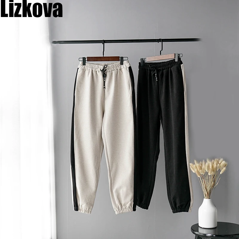 

Winter Women Joggers Pamts Black Spliced Woolen Haren Pants High Waist Drawstring Ankle Banded Sweatpants