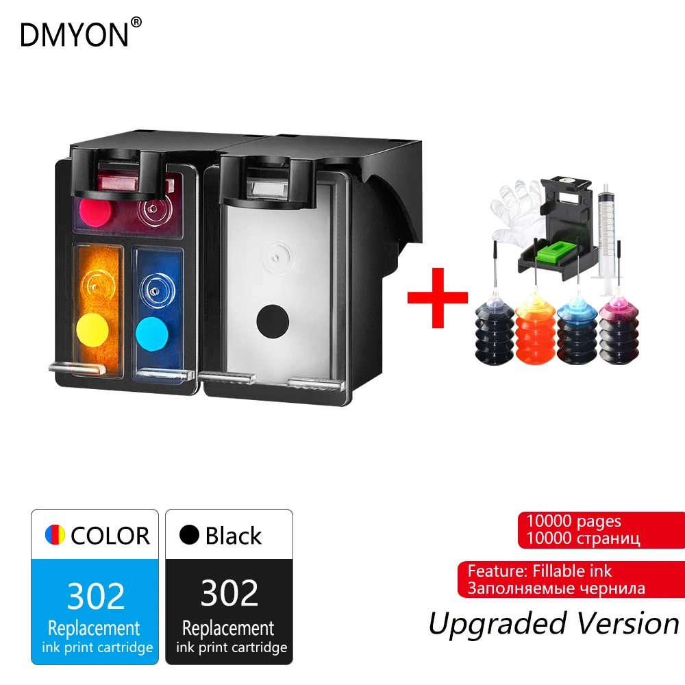 DMYON 302XL картуш Encre для hp 302 для hp Deskjet 1110 2130 1112 3630 3632 3830 Officejet 4650 4652 принтера чернильный картридж для hp 302 - Цвет: Black Color Upgrade