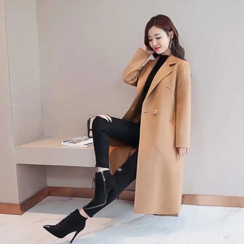 Women Woolen Coat Autumn Winter New Double-breasted Long Sleeve Loose Coats Turn-Down Collar Outwear Plus Size S~3XL - Color: 4