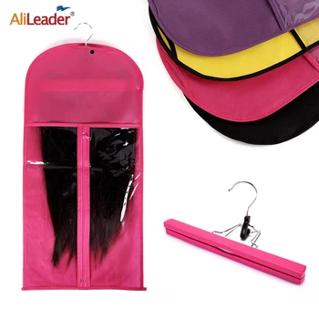 

Alileader Nonwoven Dustproof Storage Case Portable Hair Bag With Extension Wooden Double Anti-Slip Hanger For Human Hair Bundles