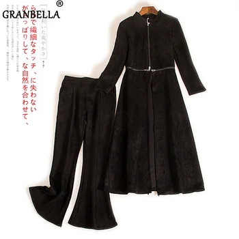 

Spring autumn 2020 new design women's suede coat +flare pants two pieces sets OL style laides elegant detachabel trench suits