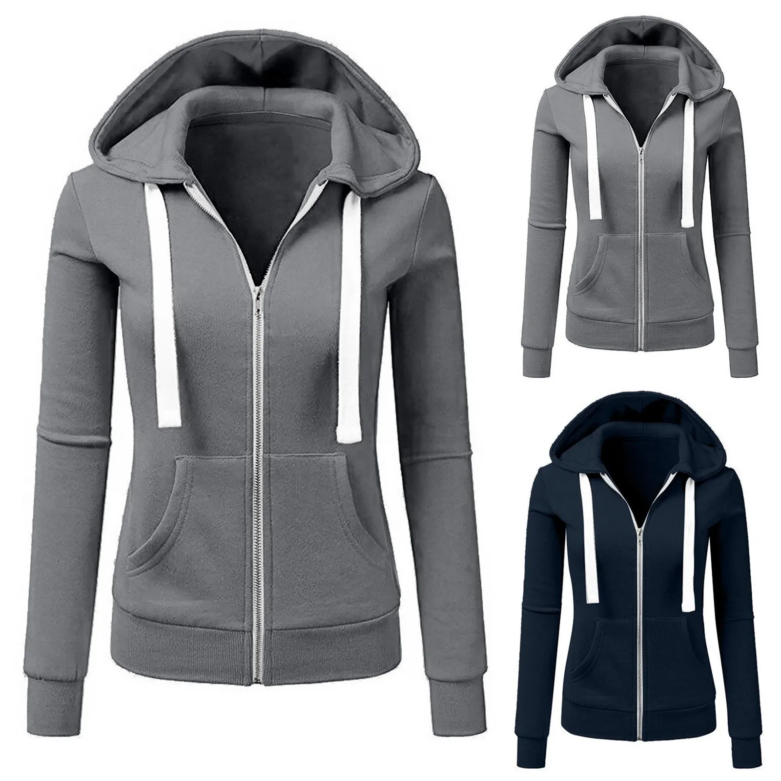 Women Zipper Hoodies Sweatshirt Jacket Winter Autumn Solid Zipper Women Hoodies Sweatshirts Moleton Feminino 2 Colors S-XL 2