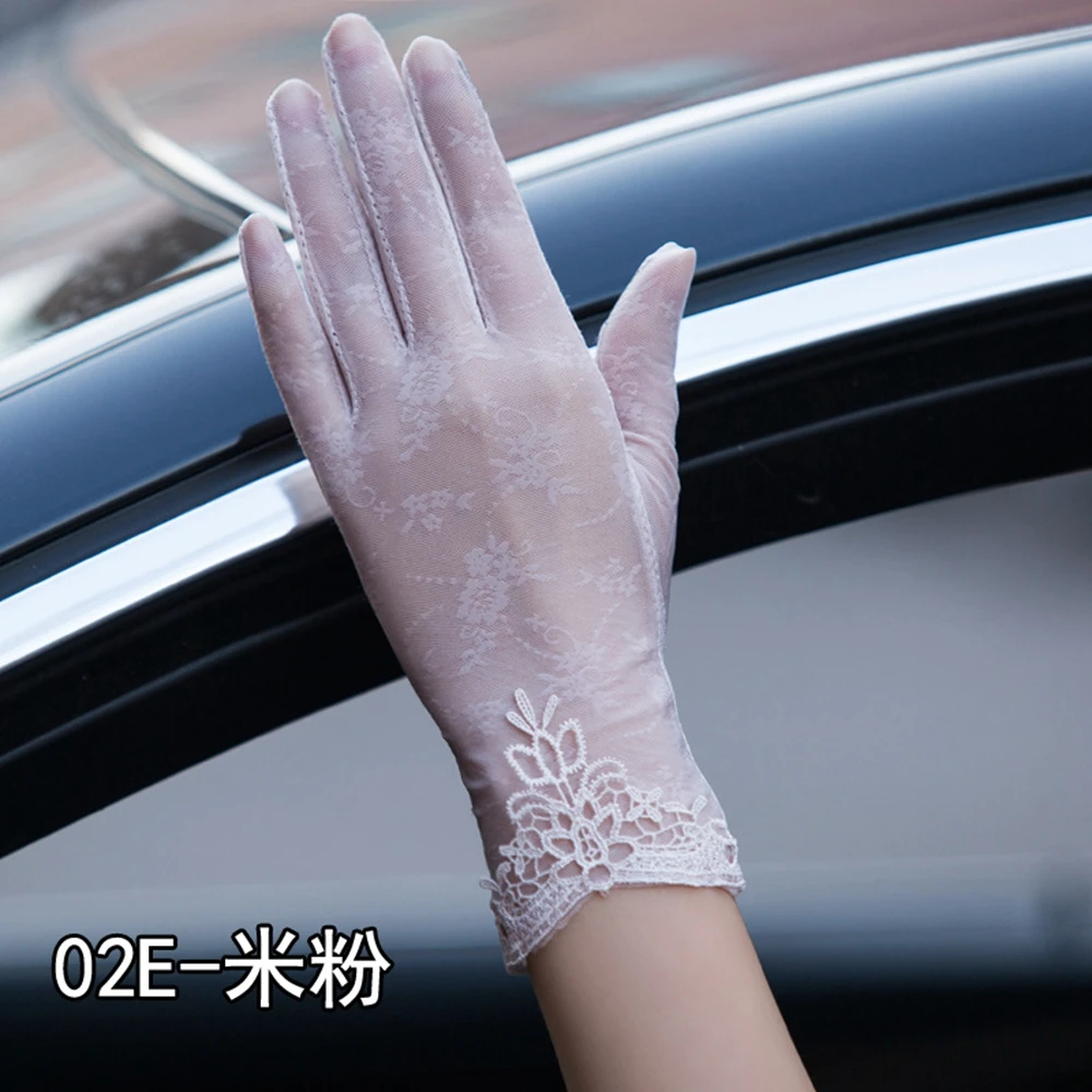 02E beige pink HanXi Модные женские шелковые перчатки, летние спортивные перчатки с сенсорным экраном, кружевные варежки с защитой от солнца - Цвет: 02E beige pink