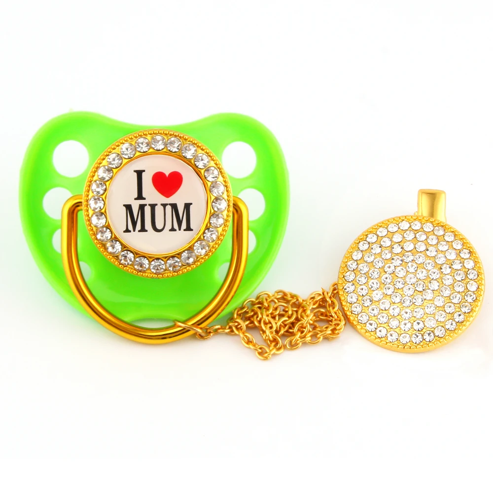 Green Color Beautiful Luxury Bling Pacifier With Chain Clip BPA Free I Love Mum Dummy Bling