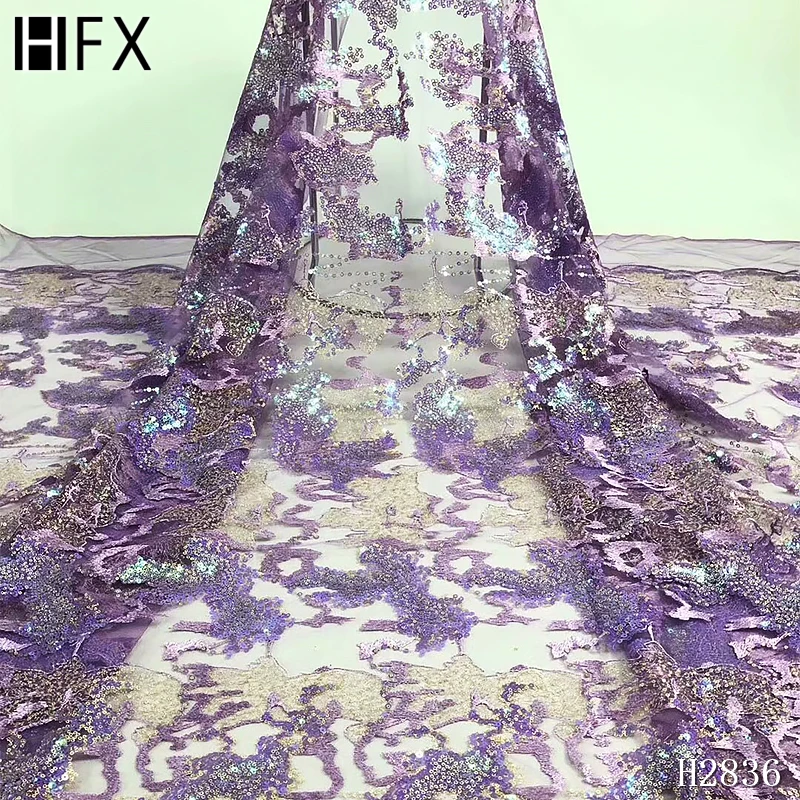 

HFX African Lace Fabric 2019 High Quality Purple Net Lace Embroidery Sequins French Lace Nigerian Lace Fabrics For Wedding F2836