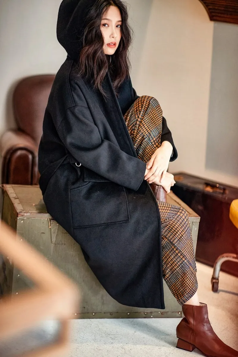 Winter New Woman Long Solid Hooded Belt Overcoat OL Style Elegant Runway Trench Coat Female Black Office Outerwear S-L