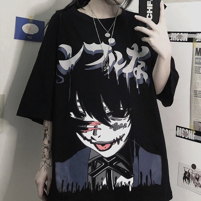 Gothic Emo Black Graphic T Shirts Women Hentai Anime Print Tees Japan Harajuku Oversized Cool Girl Y2k Tops Punk Alt Clothes T Shirts Aliexpress