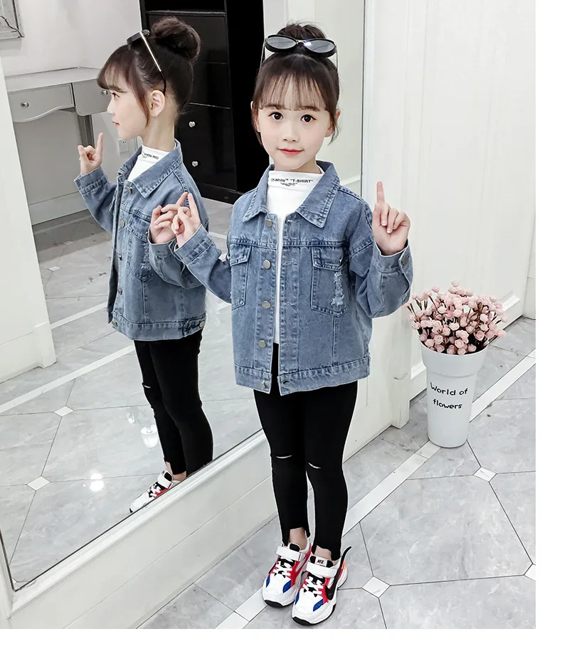 Джинсовая куртка с воротником для девочек; Модная Джинсовая куртка с необработанным краем; детская куртка для девочек-подростков; весенняя одежда
